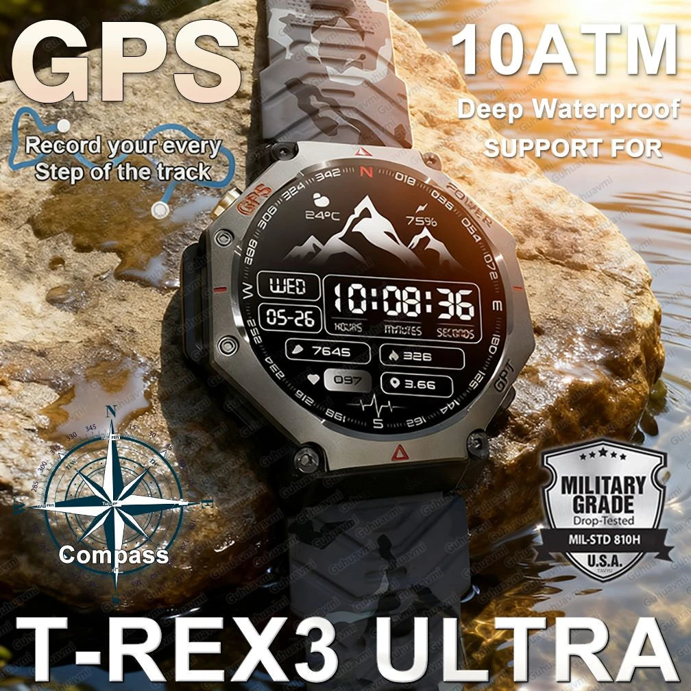T-rex 3 ultra militar grau gps relógio inteligente 10atm à prova dwaterproof água bússola altímetro barométrico amoled masculino hd chamada esportes smartwatch
