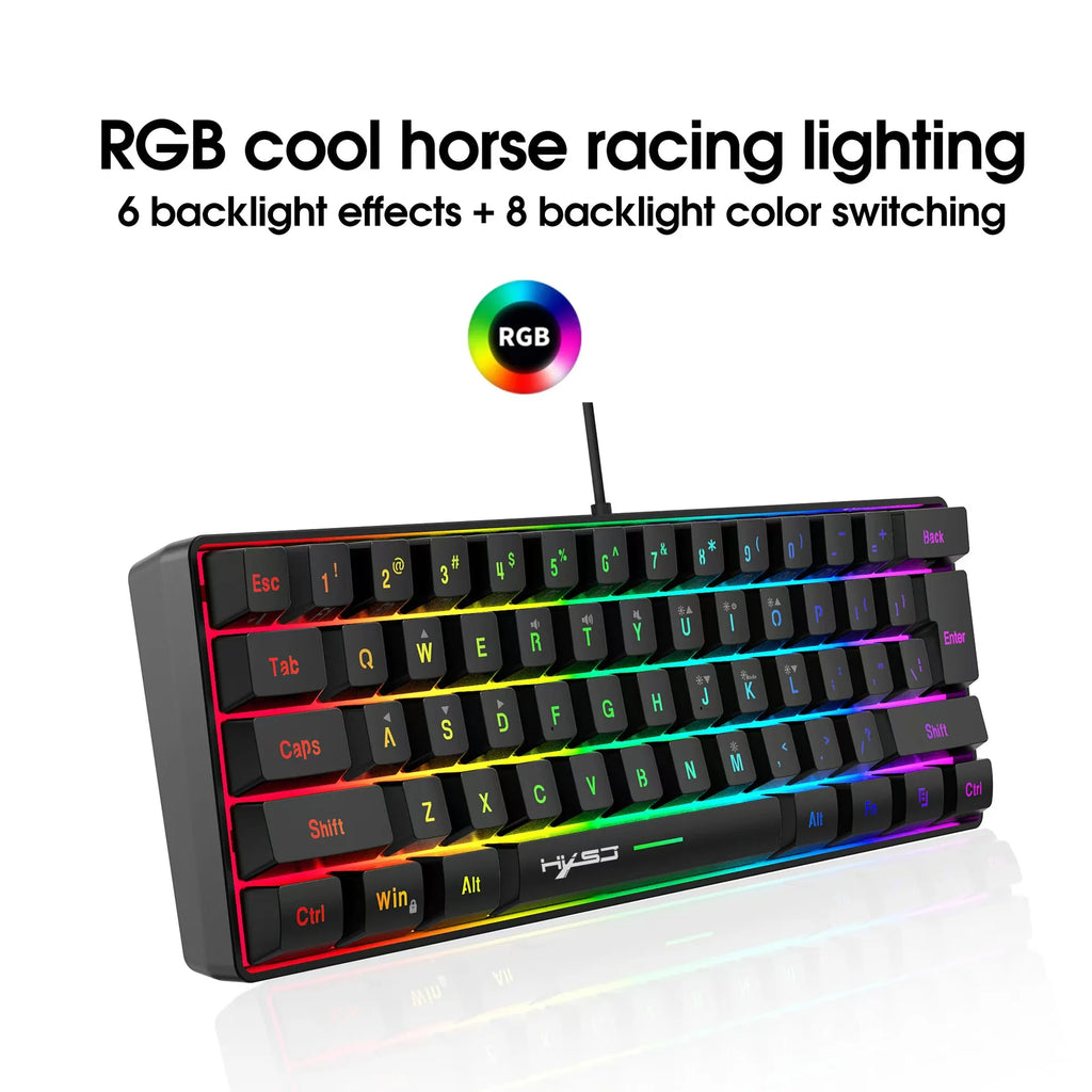 Teclado para jogos com fio 60%, mini teclado ultra compacto com luz de fundo RGB, teclado pequeno e compacto de 61 teclas à prova d'água para jogadores de PC/Mac