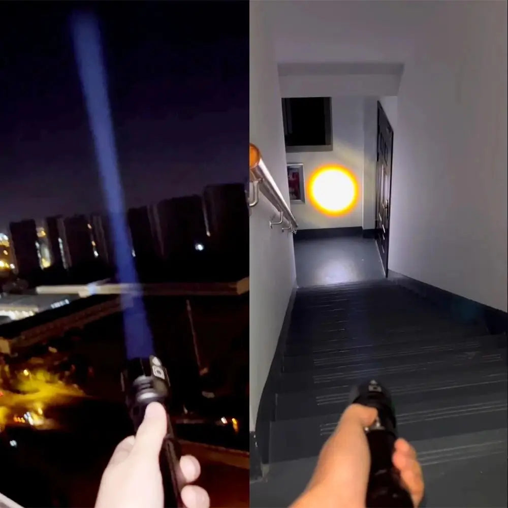 Lanterna LED de luz forte de alta potência com zoom USB recarregável com tocha externa de liga de alumínio ultrabrilhante de longo alcance
