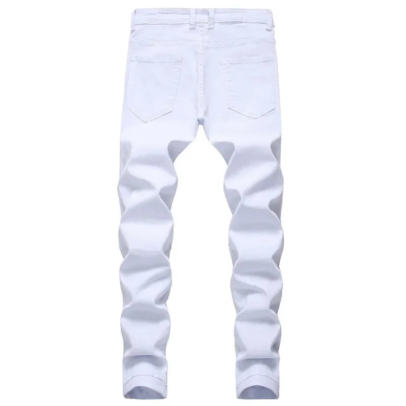 2025 Buraco Denim Calças Maré Marca dos homens Ruined Hole Jeans Sólido Slim All-match High Street Hip Hop Calças Vermelho Branco Tamanho Grande