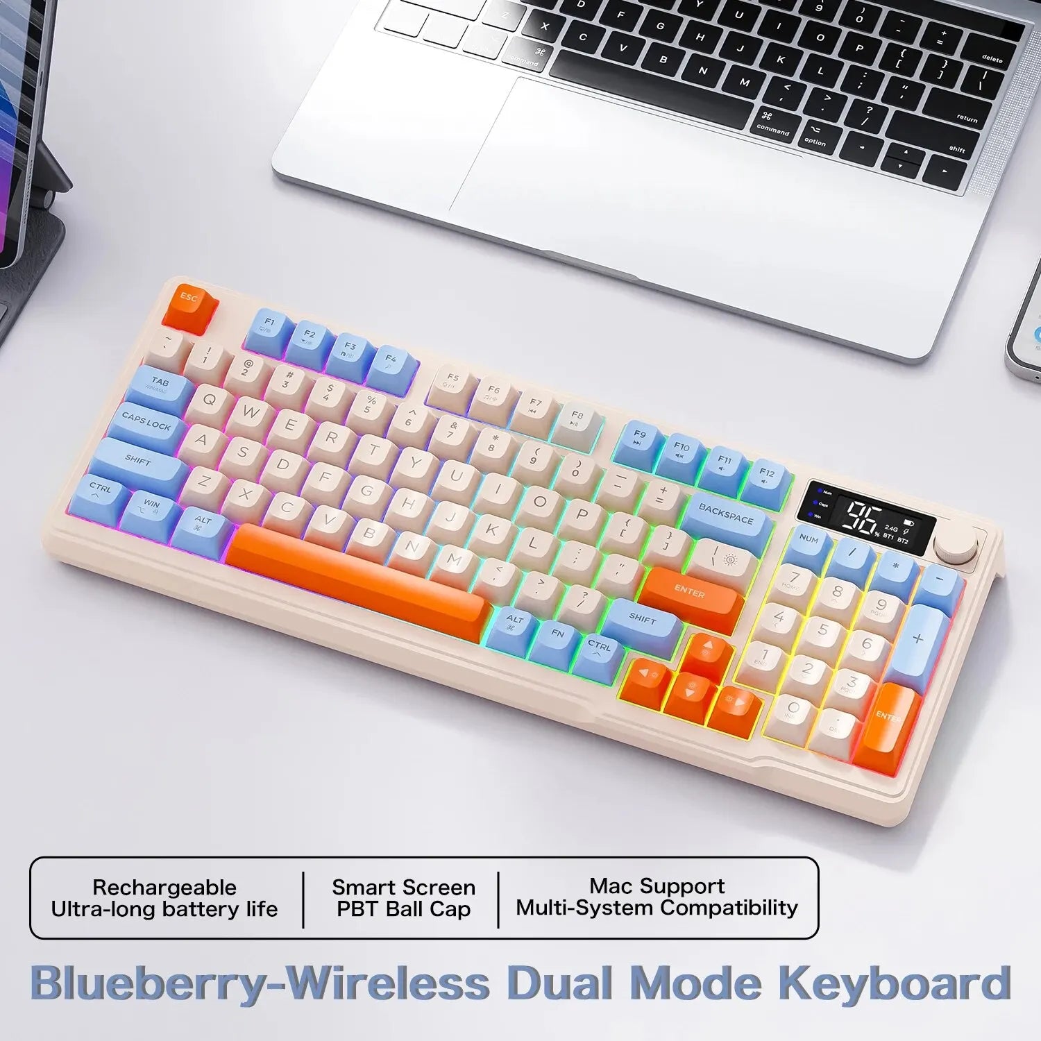 Teclado sem fio FreeWolf M96 com tela, teclado para jogos Bluetooth conexão de modo duplo, ligação multidispositivo, ergonômico