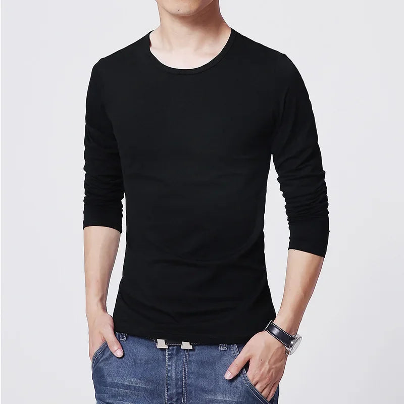 Camisetas Masculinas de Manga Longa Slim Fit MRMT 2026 Novas, Camiseta Masculina de Cor Pura para Jovens, Camisetas O-Neck para Homens e Meninos