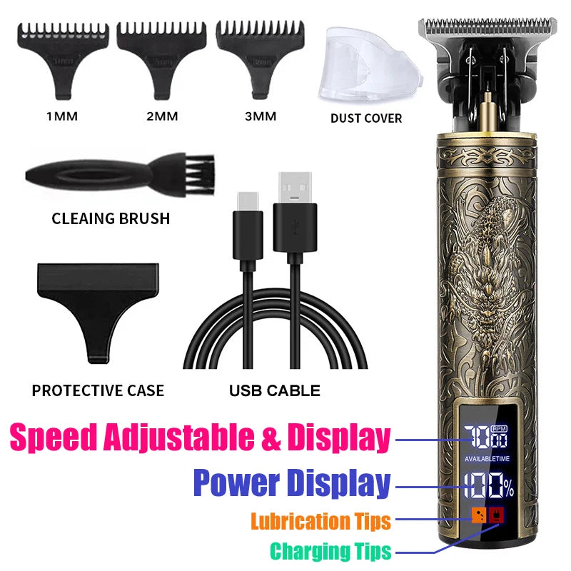 Aparador de cabelo de metal recarregável para homens, Carving Hair Clipper, Máquina de corte profissional do barbeiro