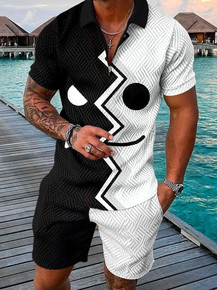 Agasalho de verão masculino terno esportivo conjunto 3d impresso casual manga curta t camisa lapela zip polo roupas masculinas jogging