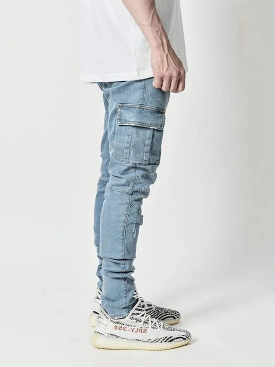 Novos calças de brim dos homens lavar cor sólida multi bolsos denim meados de cintura carga jeans plus size fahsion calças casuais masculino uso diário