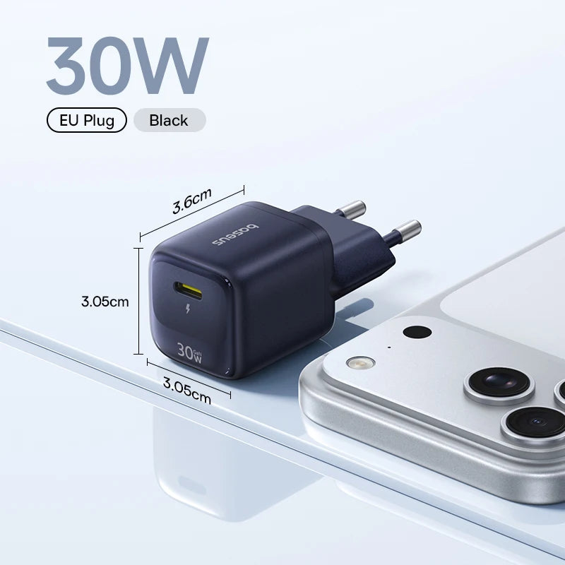 Carregador Baseus 30W GaN PD Carregador Rápido PD3.0 QC3.0 para Celulares e Tablets Tipo C