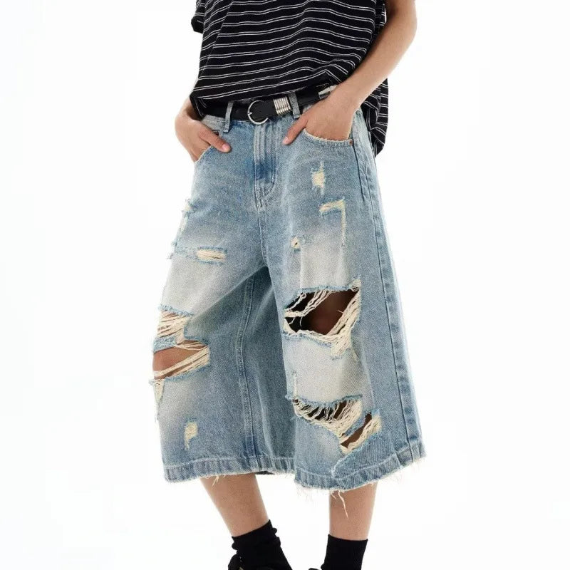 Novos Shorts Jeans Vintage Rasgados para Homens e Mulheres, Estilo Grunge, Oversized, Y2K, Retro Punk, Streetwear, com Pernas Largas