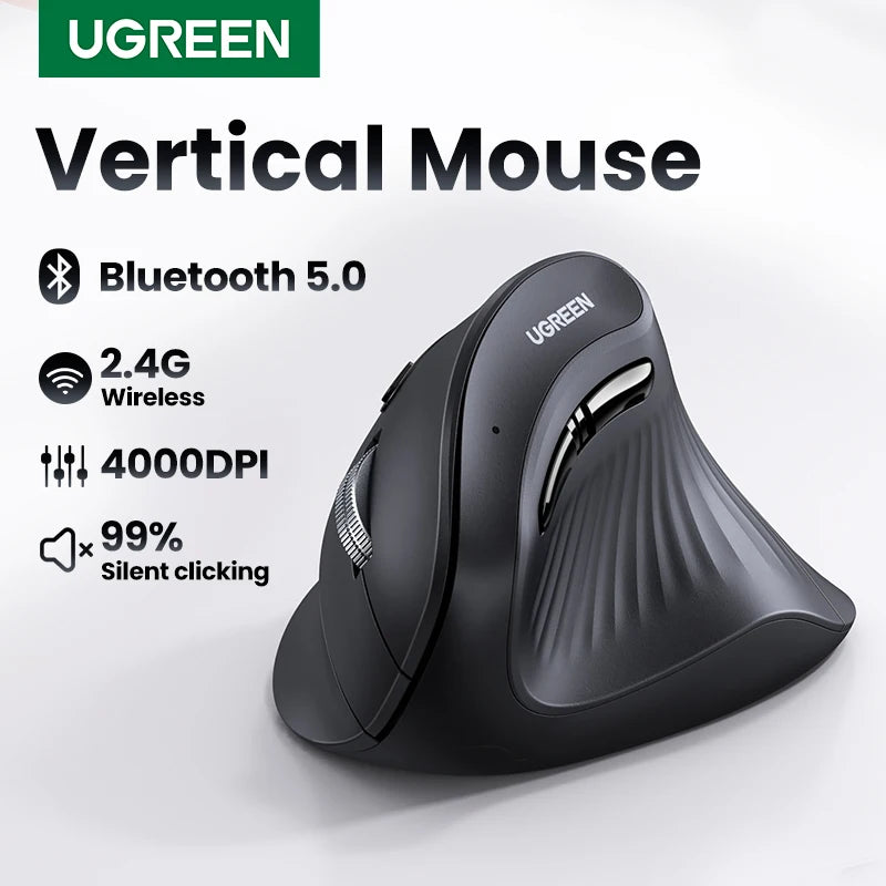 Ugreen mouse vertical sem fio bluetooth5.0 2.4g ergonômico 4000dpi 6 botões mudo para macbook tablet laptops computador pc ratos