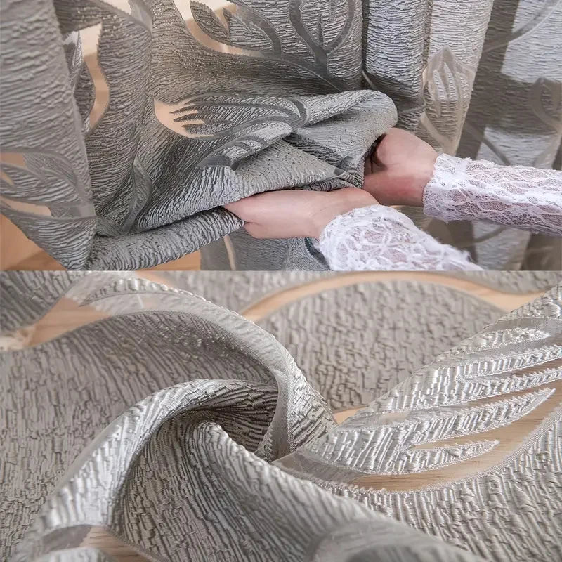 Simples cinza bordado oco para fora folha pura cortina haste bolso cortina sala de estar escritório decoração casa jardim festa casamento
