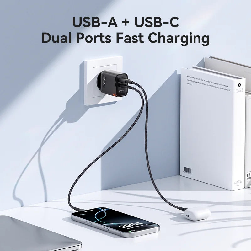 KUULAA 30W GaN Carregador PD 3.0 QC4.0 USB C Carregador Para iPhone 17 16 15 Pro Samsung S25 Xiaomi Tablet iPad Air Pro Carregador de telefone
