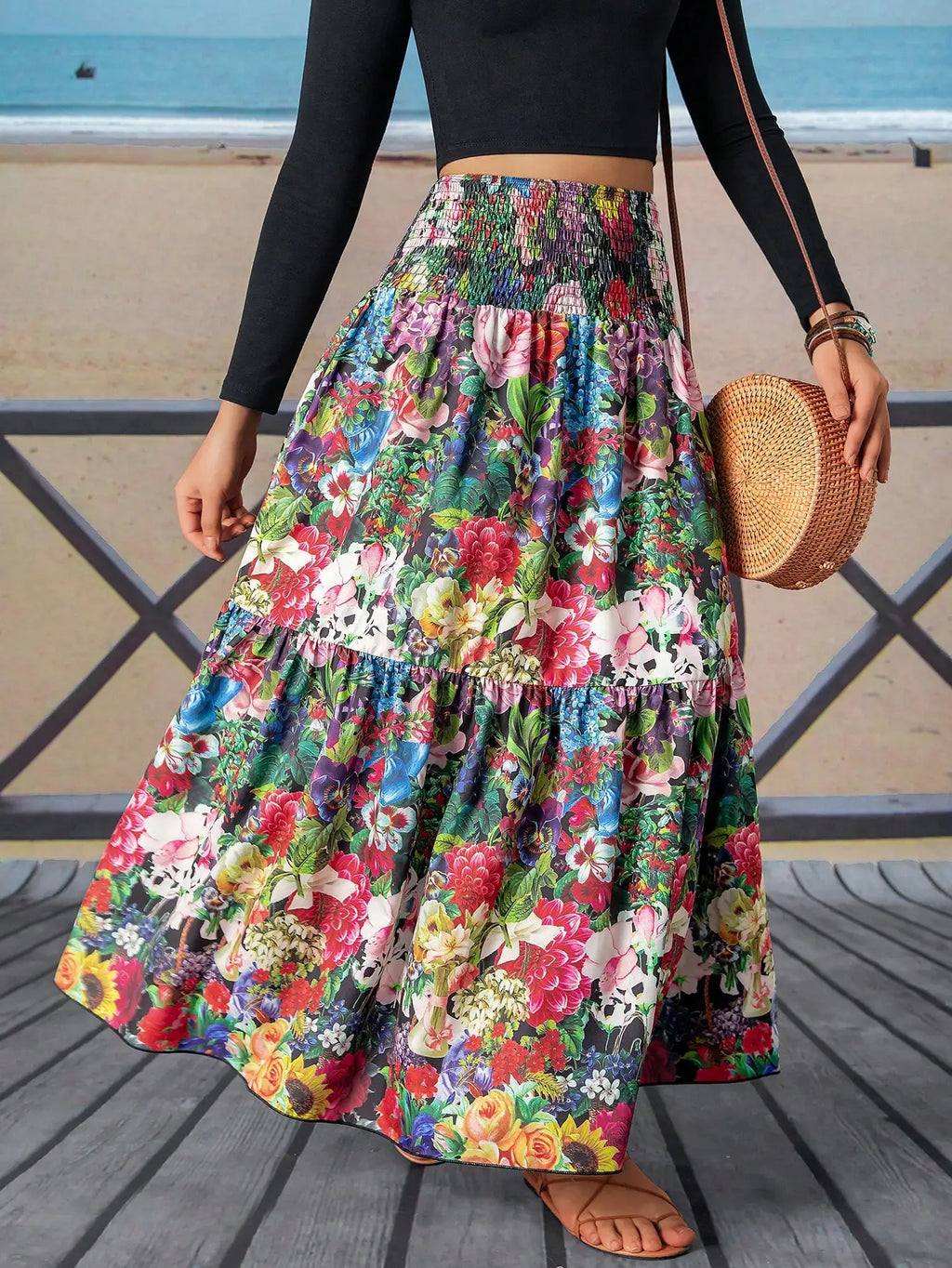 Vestido Maxi Floral com Cintura Plissada para Mulheres, Ideal para Férias e Praia