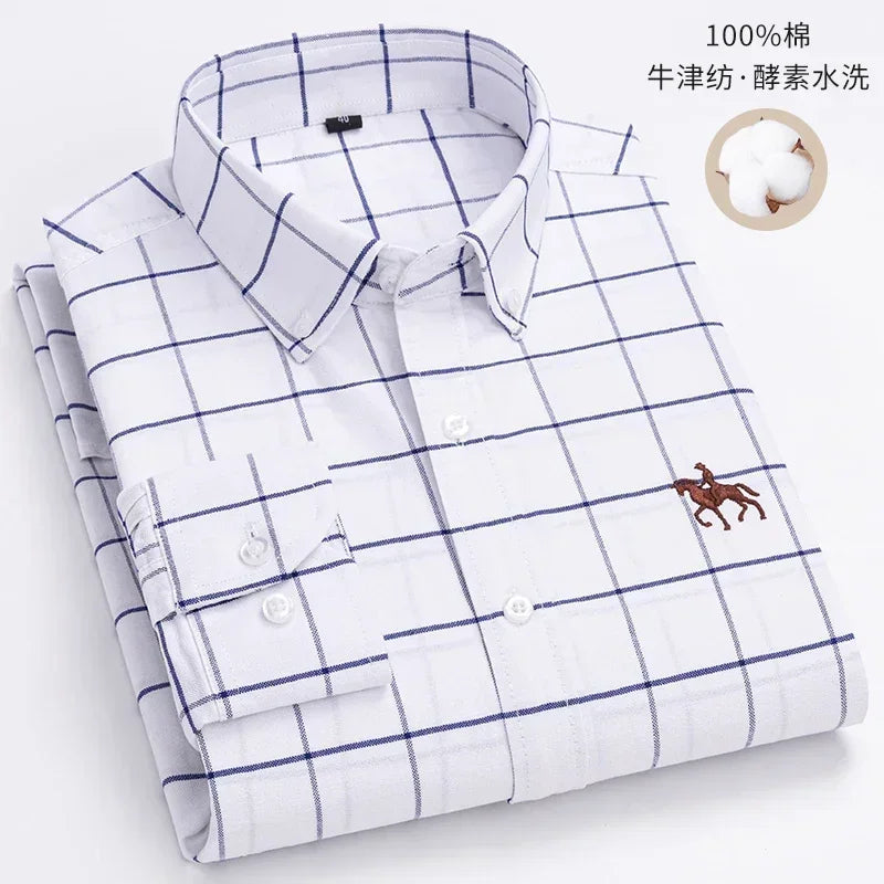 Casual puro algodão oxford camisas masculinas manga longa bordado cavalo design regular ajuste moda botão homem vestido branco camisa
