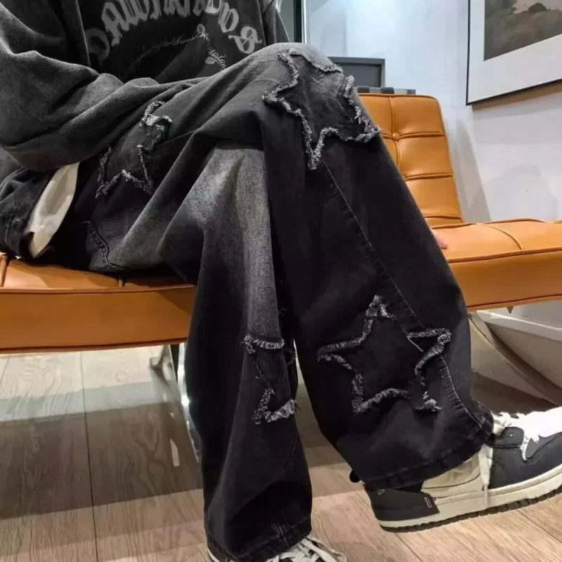 2025 nova moda estrelas toalha bordado marrom calças jeans masculinas y2k roupas retas hip hop calças de algodão pantalon homme