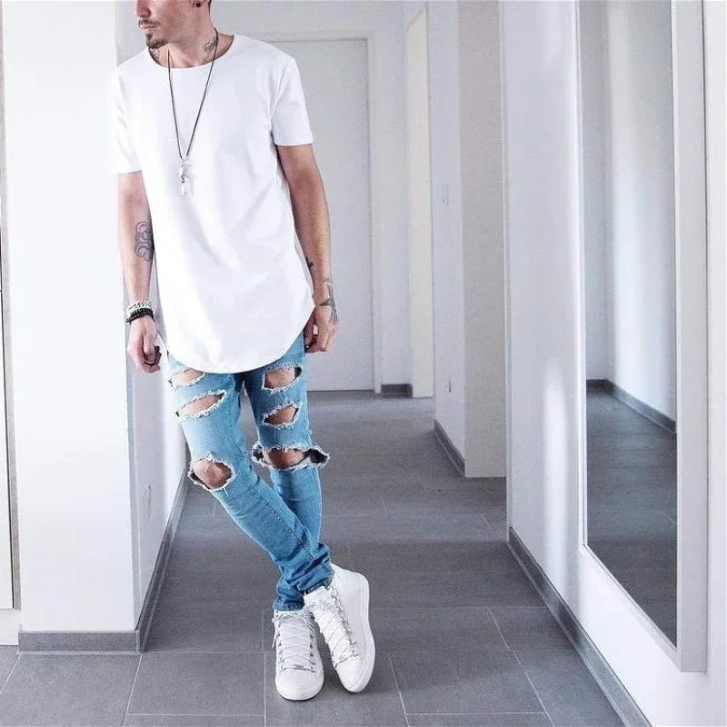Camiseta Masculina 2026 MRMT High Street com Barra Curva, Algodão de Alta Qualidade, Camiseta Masculina Alongada Oversize, Blusas e Camisetas para Homens