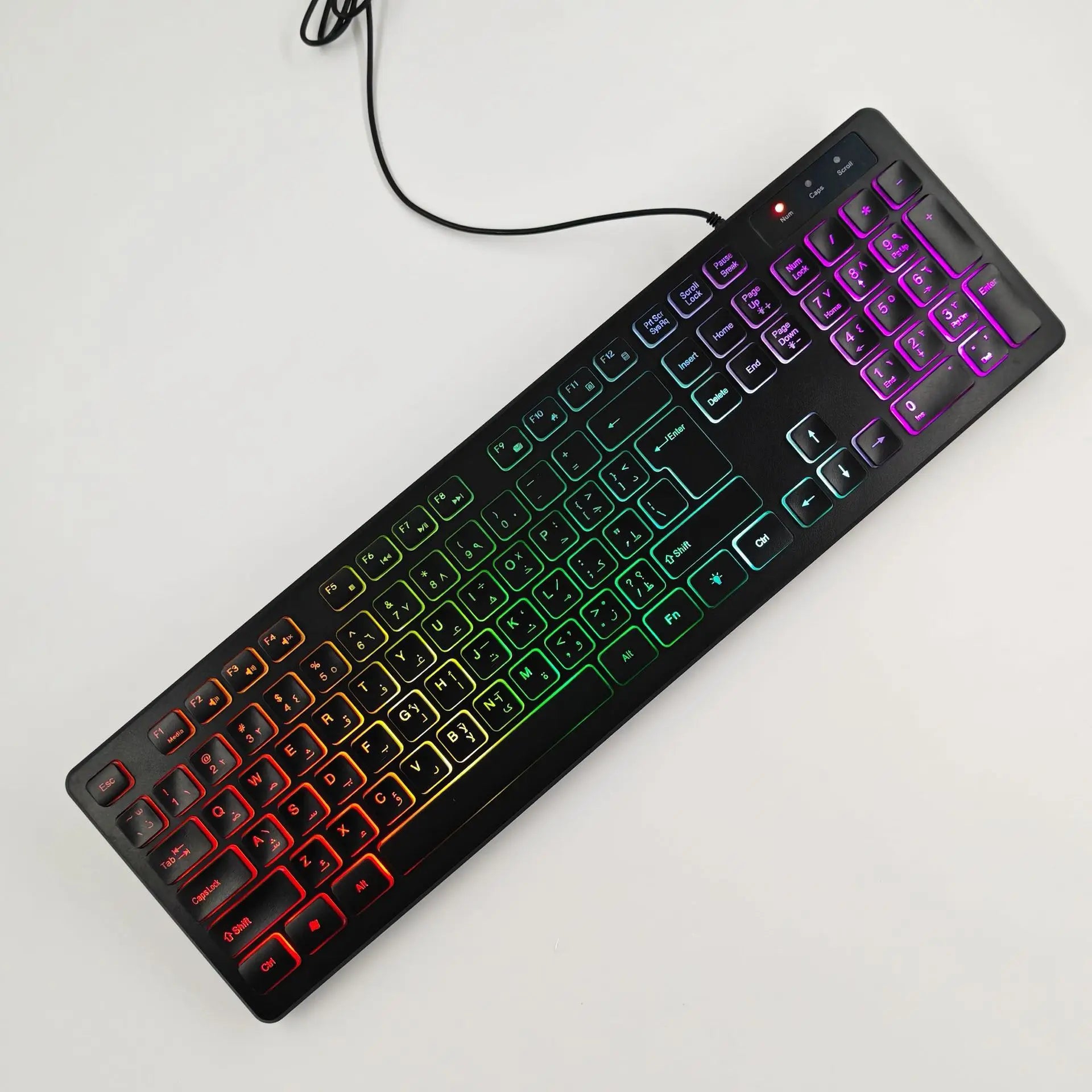 Teclado para jogos de computador com iluminação RGB, silencioso, com fio, USB, para escritório e casa, em russo, francês, espanhol, alemão, árabe e inglês.