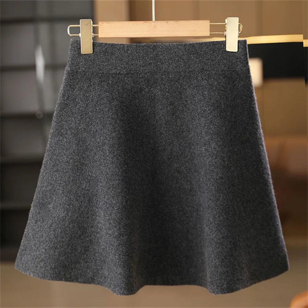Saia de lã feminina outono inverno cintura elástica mini a linha saia de caxemira lã de malha acima do joelho estilo preppy saias curtas quentes