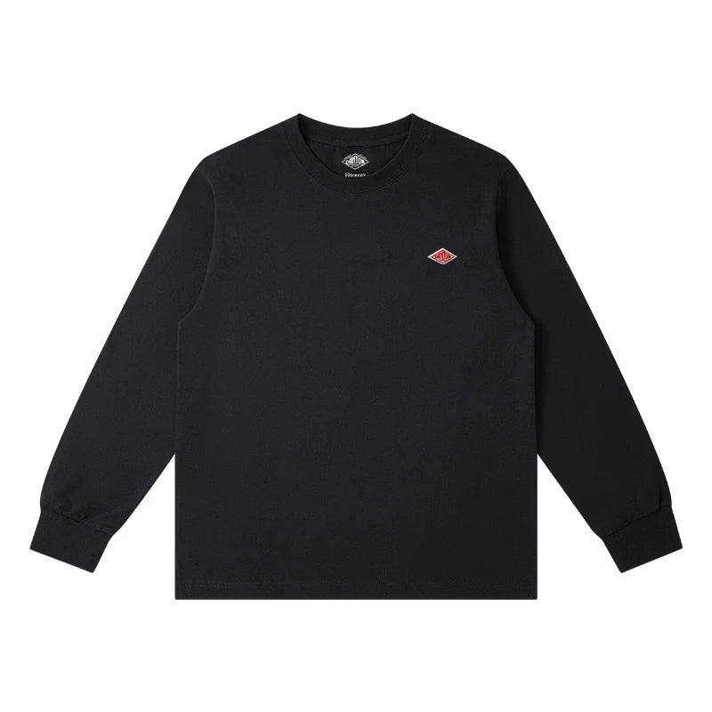 Primavera exportada para o japão estilo clássico moda sólida simples solta manga longa camiseta de algodão topo homem pequena ícone bordado t