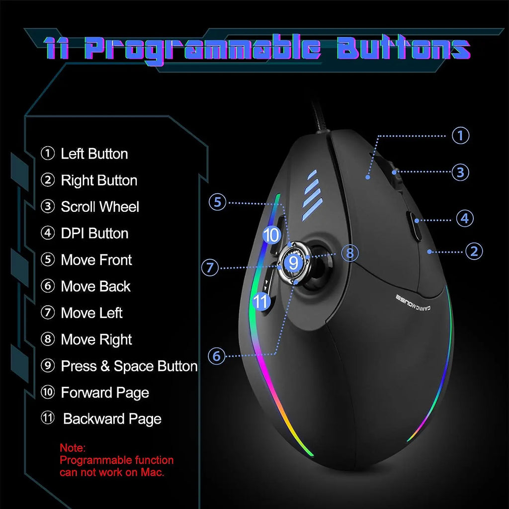 Zelotes c18 mouse com fio vertical ergonômico mouse rgb joysticks programáveis laser gaming ratos 10000 dpi para computador pc gamer