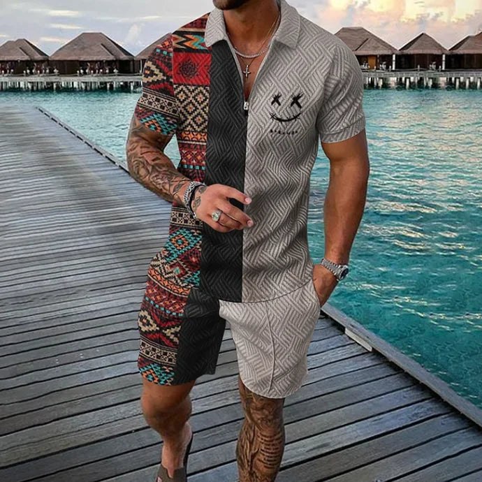 Agasalho de verão masculino terno esportivo conjunto 3d impresso casual manga curta t camisa lapela zip polo roupas masculinas jogging