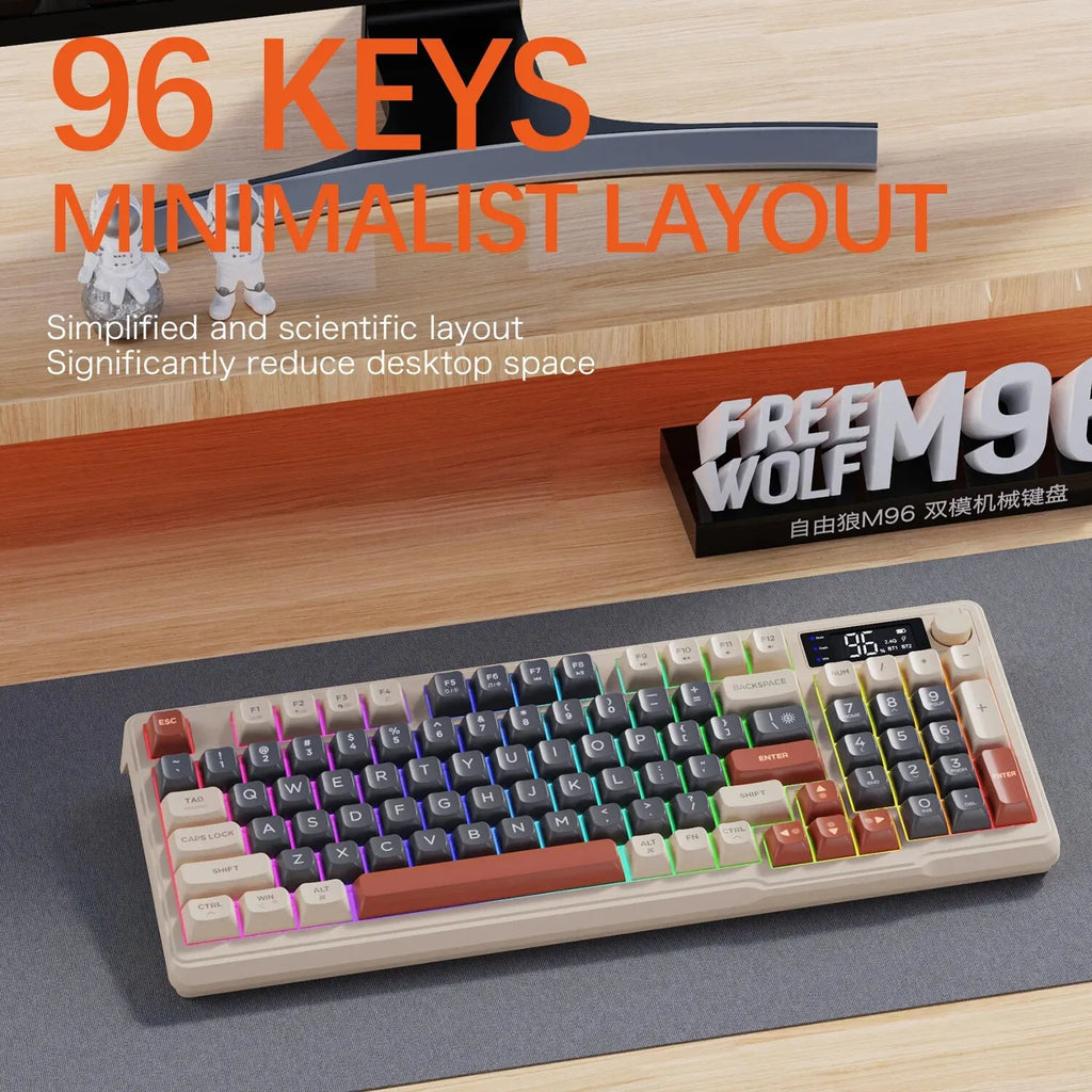 Teclado sem fio FreeWolf M96 com tela, teclado para jogos Bluetooth conexão de modo duplo, ligação multidispositivo, ergonômico