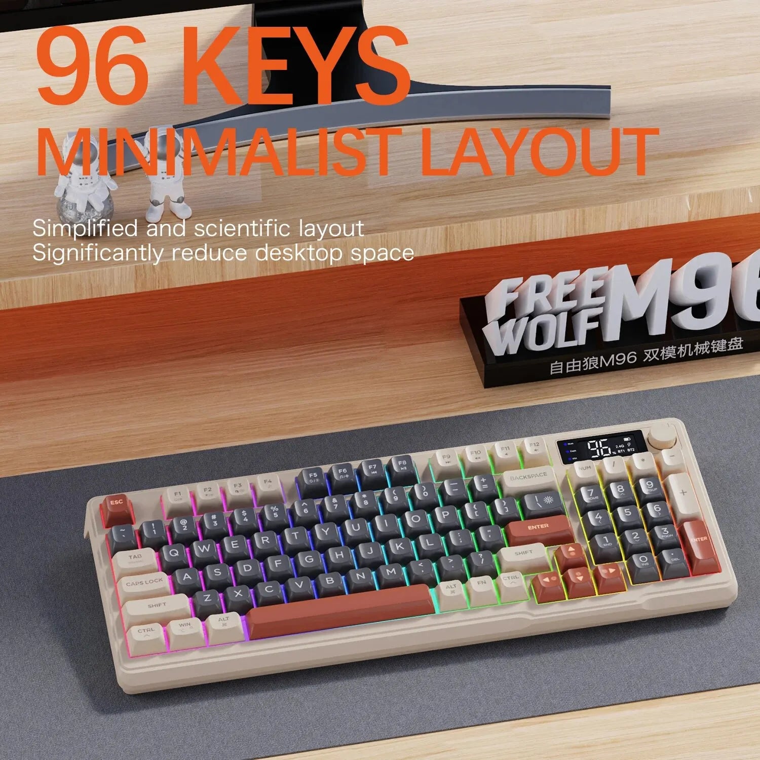 Teclado sem fio FreeWolf M96 com tela, teclado para jogos Bluetooth conexão de modo duplo, ligação multidispositivo, ergonômico