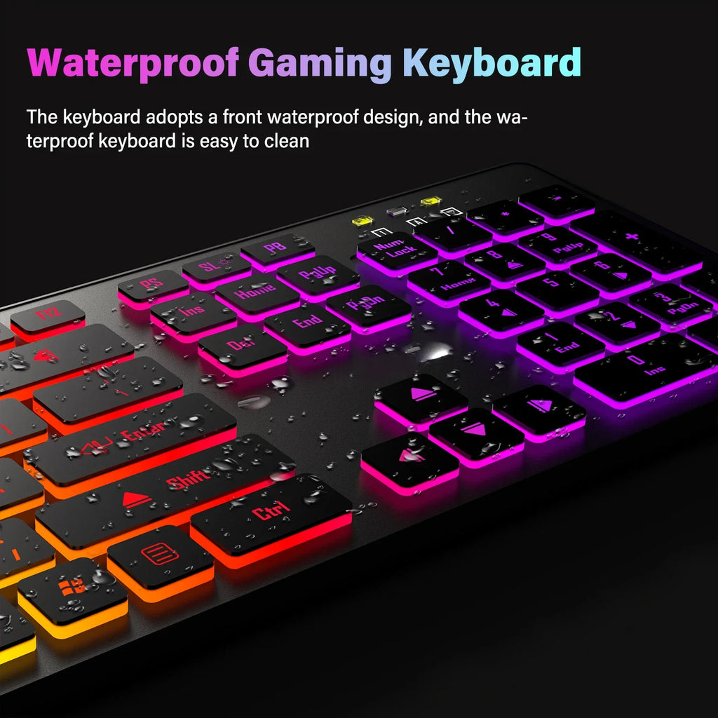 Teclado para jogos de computador com iluminação RGB, silencioso, com fio, USB, para escritório e casa, em russo, francês, espanhol, alemão, árabe e inglês.