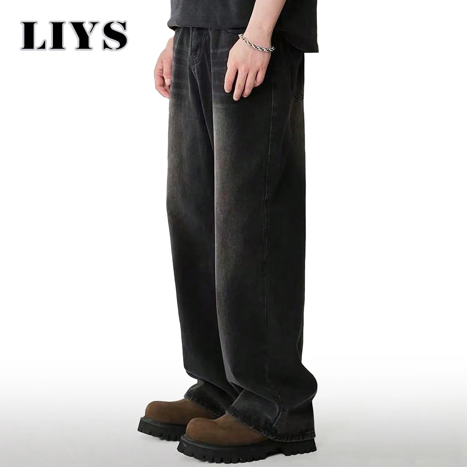 Calça jeans masculina de quatro estações, versão coreana, estudante, casual, alta rua, reta, solta, perna larga, preto, cinza, azul, baggy jean