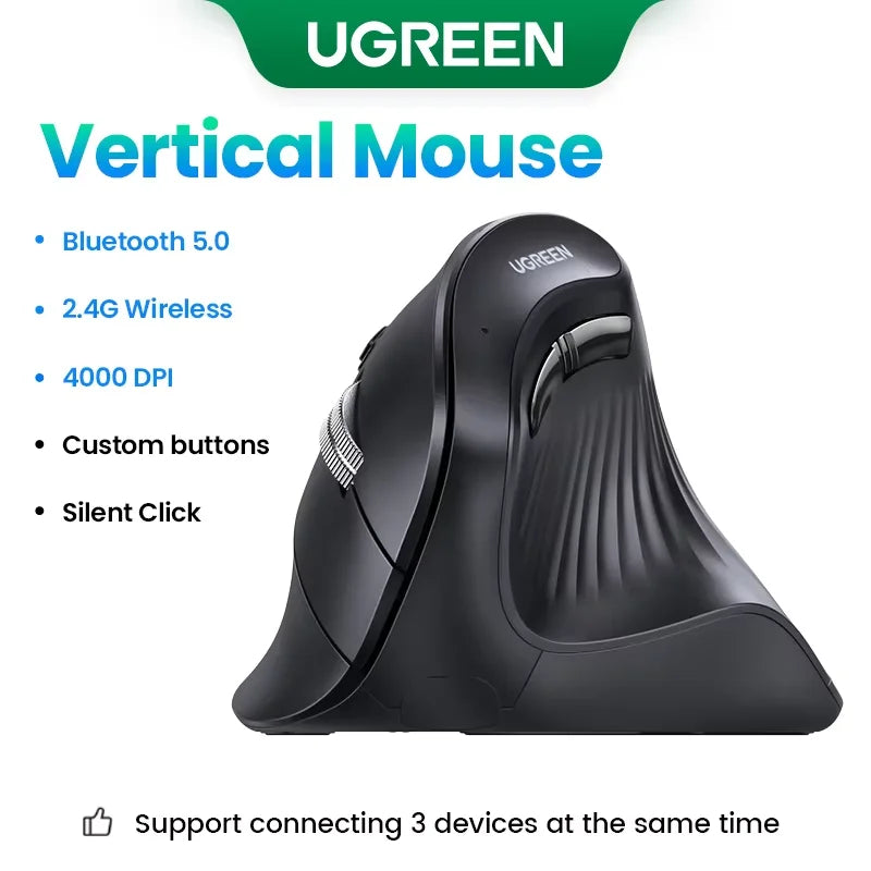 Ugreen mouse vertical sem fio bluetooth5.0 2.4g ergonômico 4000dpi 6 botões mudo para macbook tablet laptops computador pc ratos