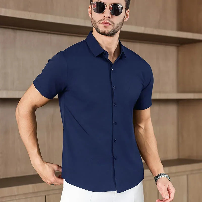 Novo negócio masculino casual cor sólida camisa de manga curta para moda verão sem engomar confortável e versátil topo