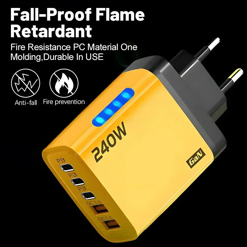 Carregador de Mesa USB C GaN 240W 5 em 1, Adaptador de Carregamento Rápido para Telefone, Cabo Tipo C 10A para iPhone, Samsung, Xiaomi, Carregador com Plugue EU/US/UK