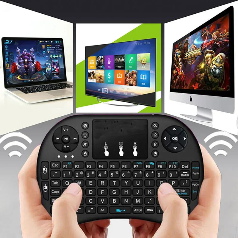 Mini teclado sem fio 2.4ghz, retroiluminação, inglês, russo, espanhol, mouse remoto, touchpad para android, caixa de tv, computador digital i8