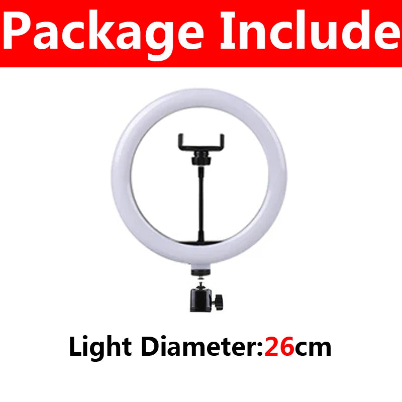 Anel de luz led para selfie, 10 polegadas, com suporte para telefone, regulável, 16-33cm, lâmpada de preenchimento, fotografia, anel de luz para vídeo vlog, lâmpada de preenchimento ao vivo