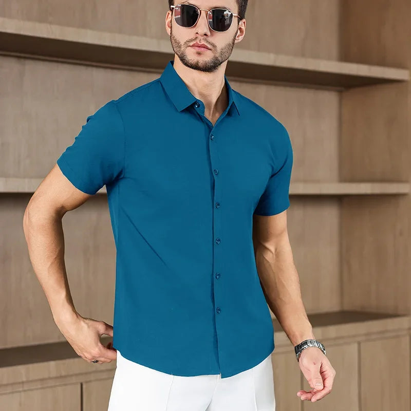 Novo negócio masculino casual cor sólida camisa de manga curta para moda verão sem engomar confortável e versátil topo
