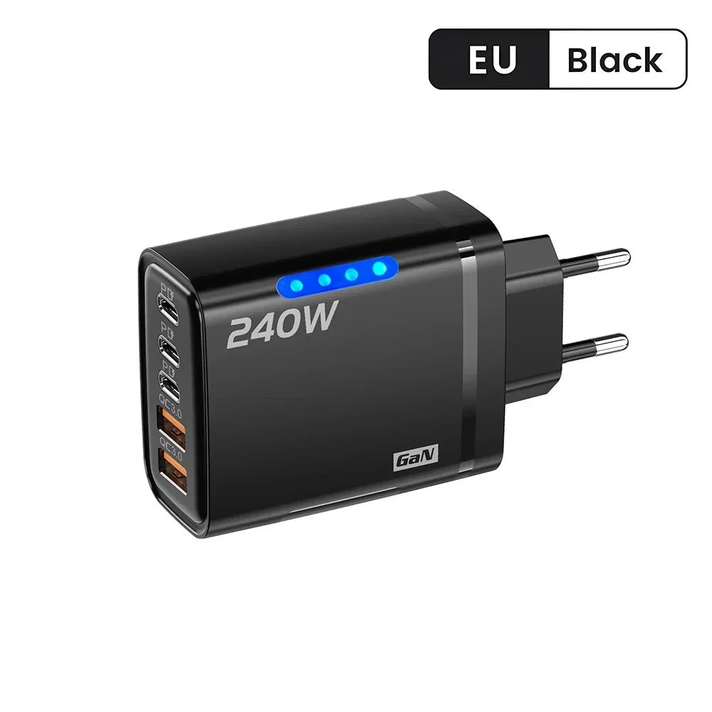 Carregador de Mesa USB C GaN 240W 5 em 1, Adaptador de Carregamento Rápido para Telefone, Cabo Tipo C 10A para iPhone, Samsung, Xiaomi, Carregador com Plugue EU/US/UK