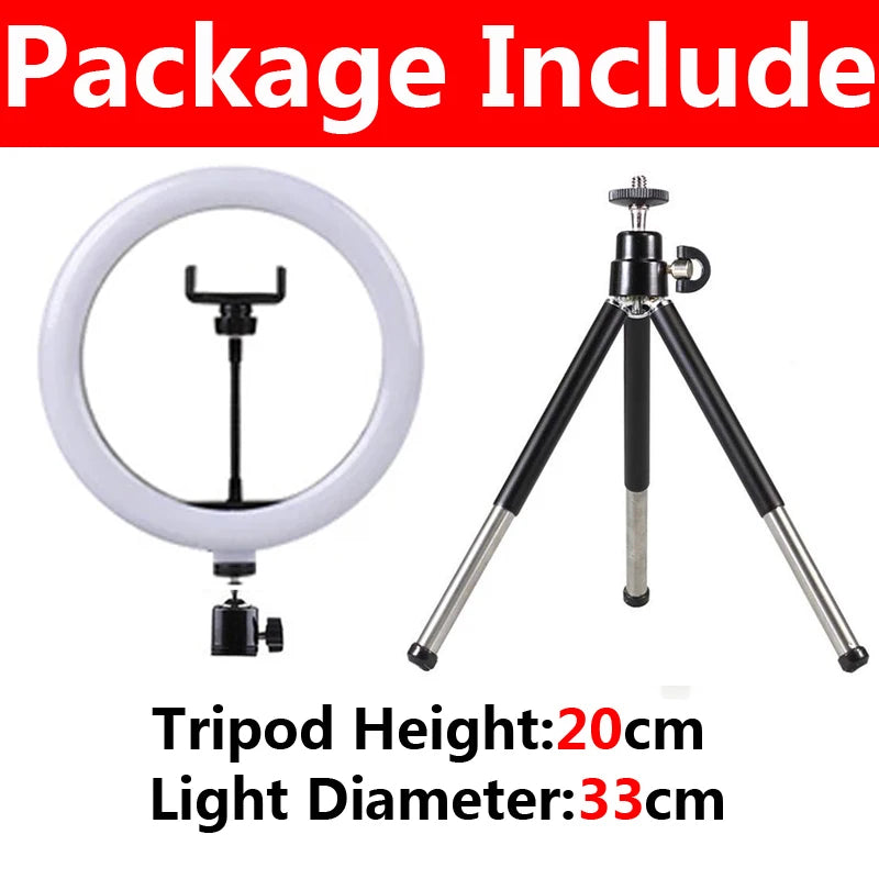 Anel de luz LED de 12 polegadas para fotografia, iluminação de celular com tripé, lâmpada redonda USB para vídeos do YouTube e transmissões ao vivo.