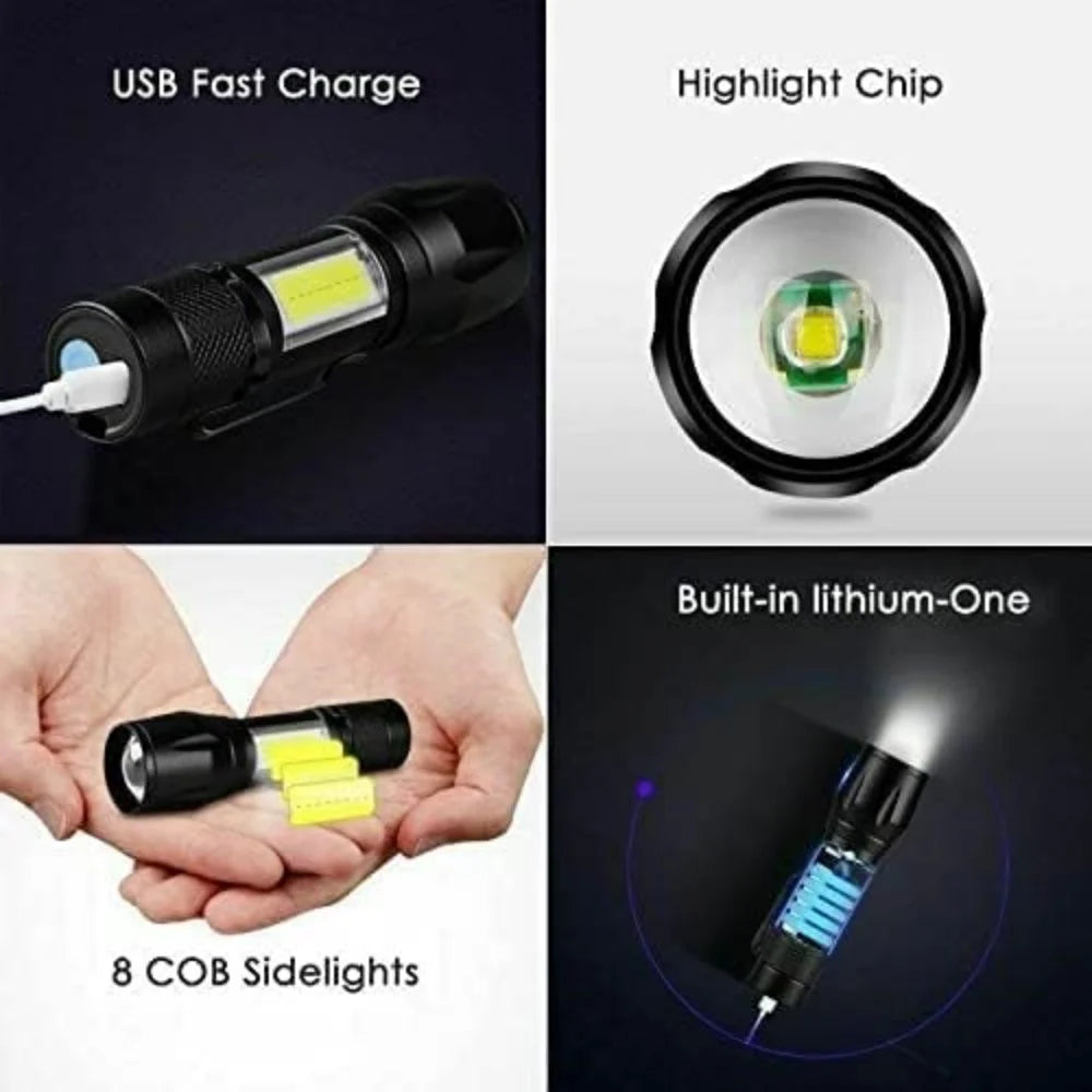 Lanterna LED Recarregável USB Mini Pequena com Luz COB, Lanterna Portátil de Bolso e Chaveiro