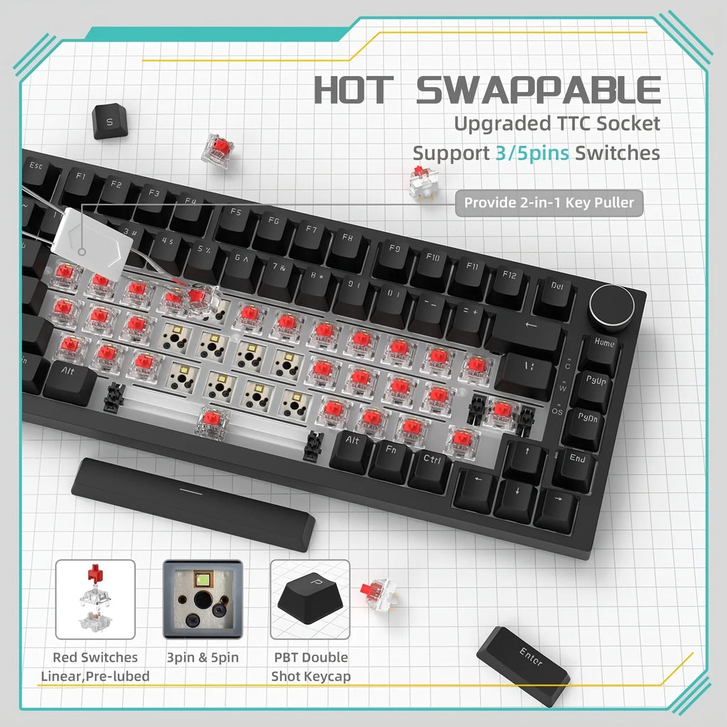 AJAZZ AK820 com fio com botões de volume rotativos, teclas hot-swap para teclados mecânicos de escritório e casa