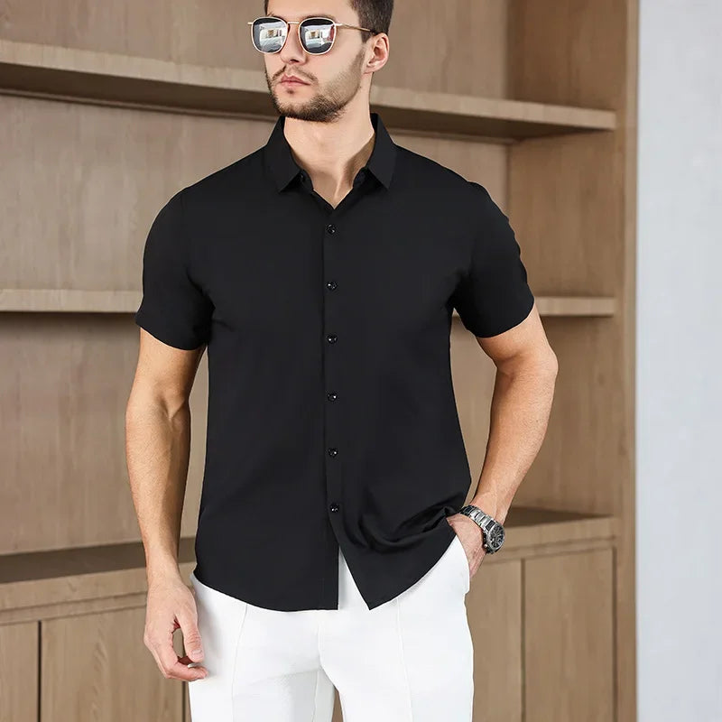 Novo negócio masculino casual cor sólida camisa de manga curta para moda verão sem engomar confortável e versátil topo
