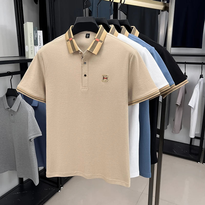 Verão masculino golfe moda 2025 camisa polo de manga curta design high-end requintado gelo seda bordado respirável camiseta