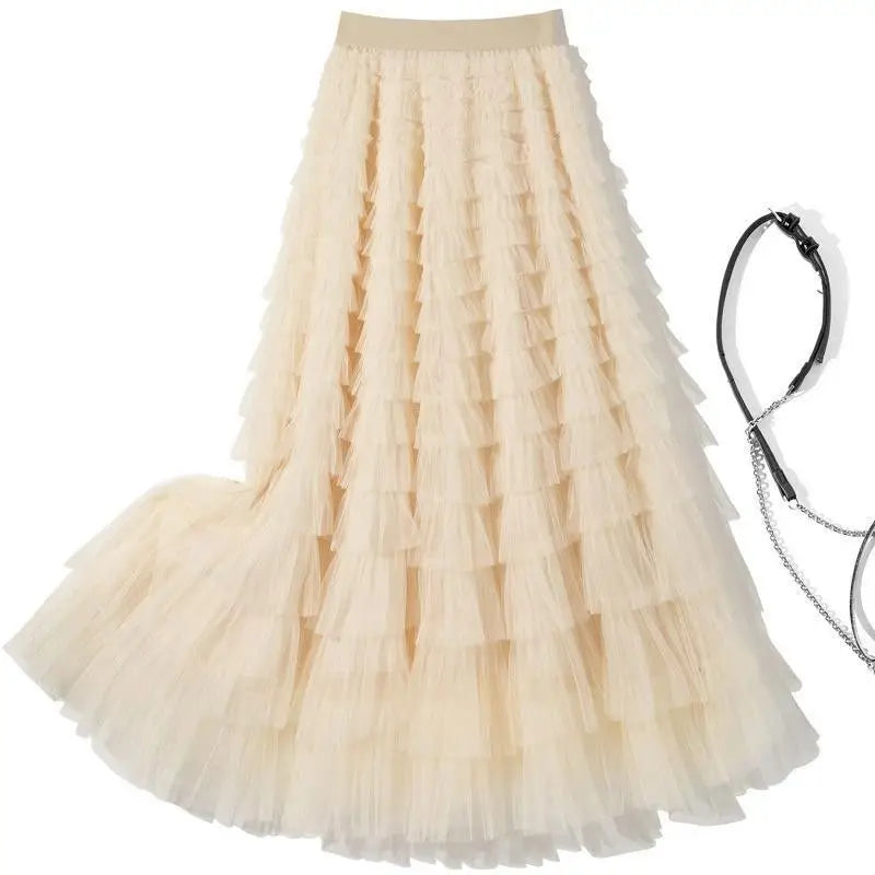 Saia de Camadas em Tule Estilo Princesa com Cintura Elástica, Vestido Longo Estilo Coreano, Saia Midi de Cintura Alta em Teci...