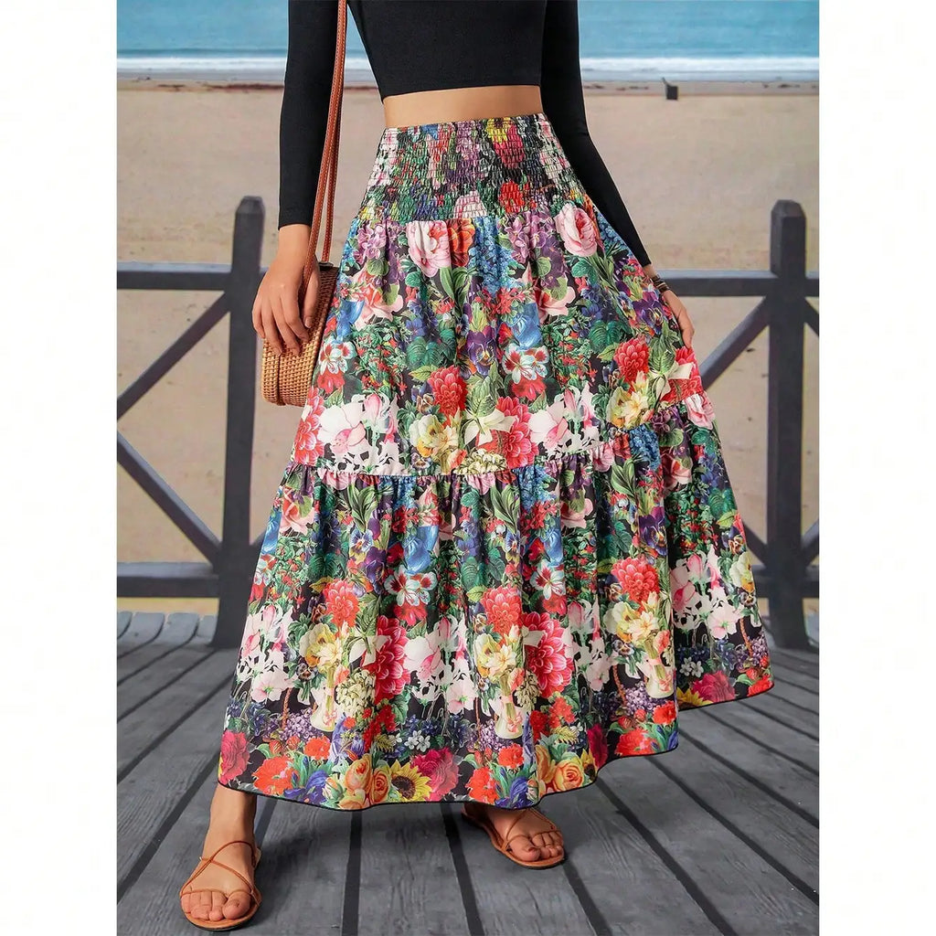 Vestido Maxi Floral com Cintura Plissada para Mulheres, Ideal para Férias e Praia