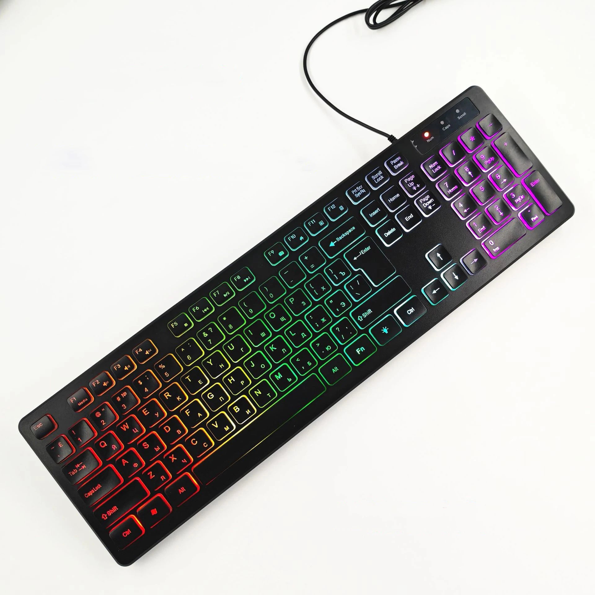 Teclado para jogos de computador com iluminação RGB, silencioso, com fio, USB, para escritório e casa, em russo, francês, espanhol, alemão, árabe e inglês.