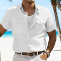 Camisa Masculina de Algodão e Linho para o Verão, Casual, Respirável, Confortável, com Botões, Design de Dois Bolsos, Cor Sólida, Leve