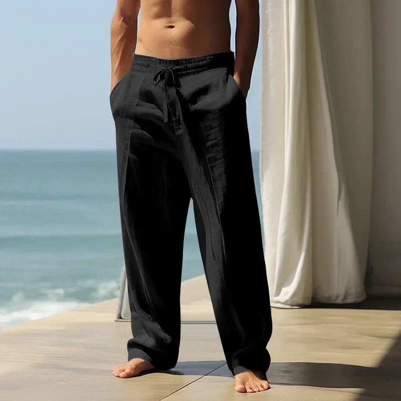 Calças masculinas de linho de algodão 2025 verão novas calças casuais soltas cintura alta respirável plus size haren calças emagrecimento calças largas