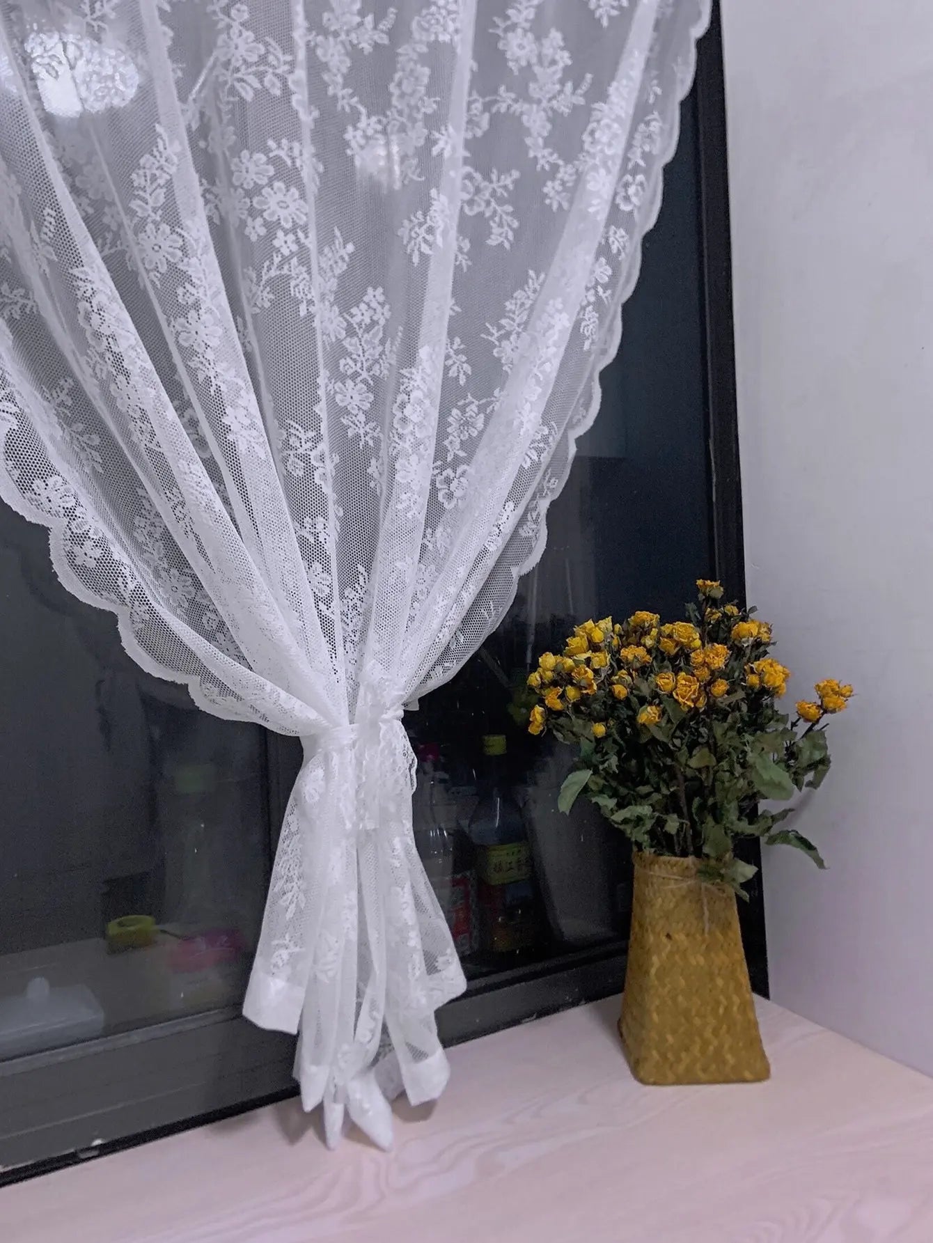 Painel de cortina de bolso com haste transparente de renda floral