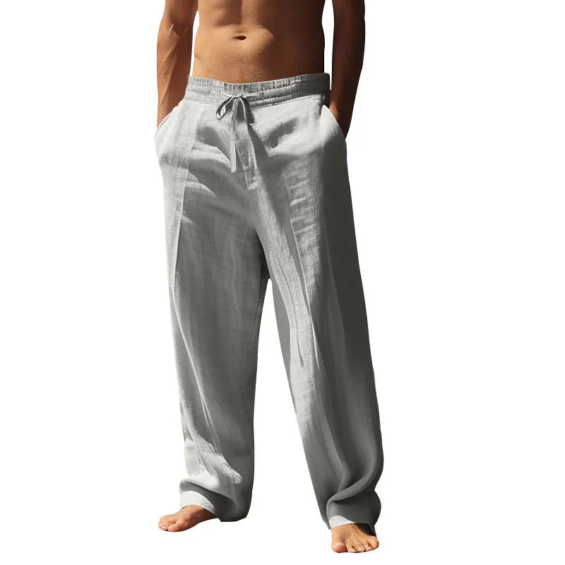 Calças masculinas de linho de algodão 2025 verão novas calças casuais soltas cintura alta respirável plus size haren calças emagrecimento calças largas