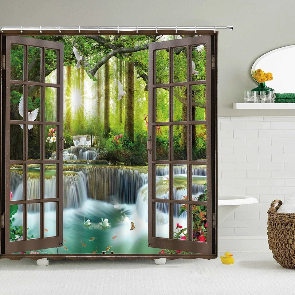 Cortina de banho 3d impressão janela cenário floresta cortinas de chuveiro 180*200cm à prova dwaterproof água cortina do banheiro tecido lavável com ganchos