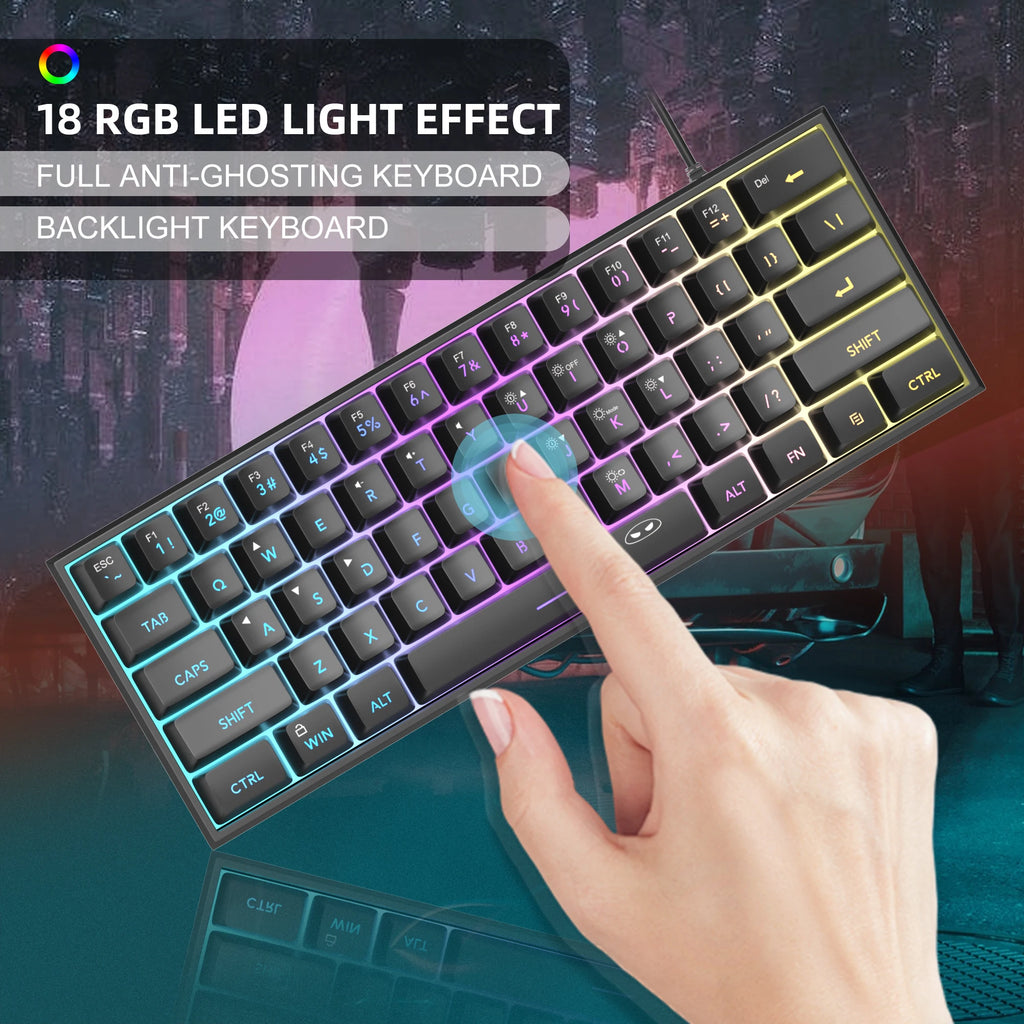 Teclado para jogos MageGee Mini 60%, teclado ultracompacto retroiluminado RGB de 61 teclas, escritório de sensação mecânica ergonômica à prova d'água TS91