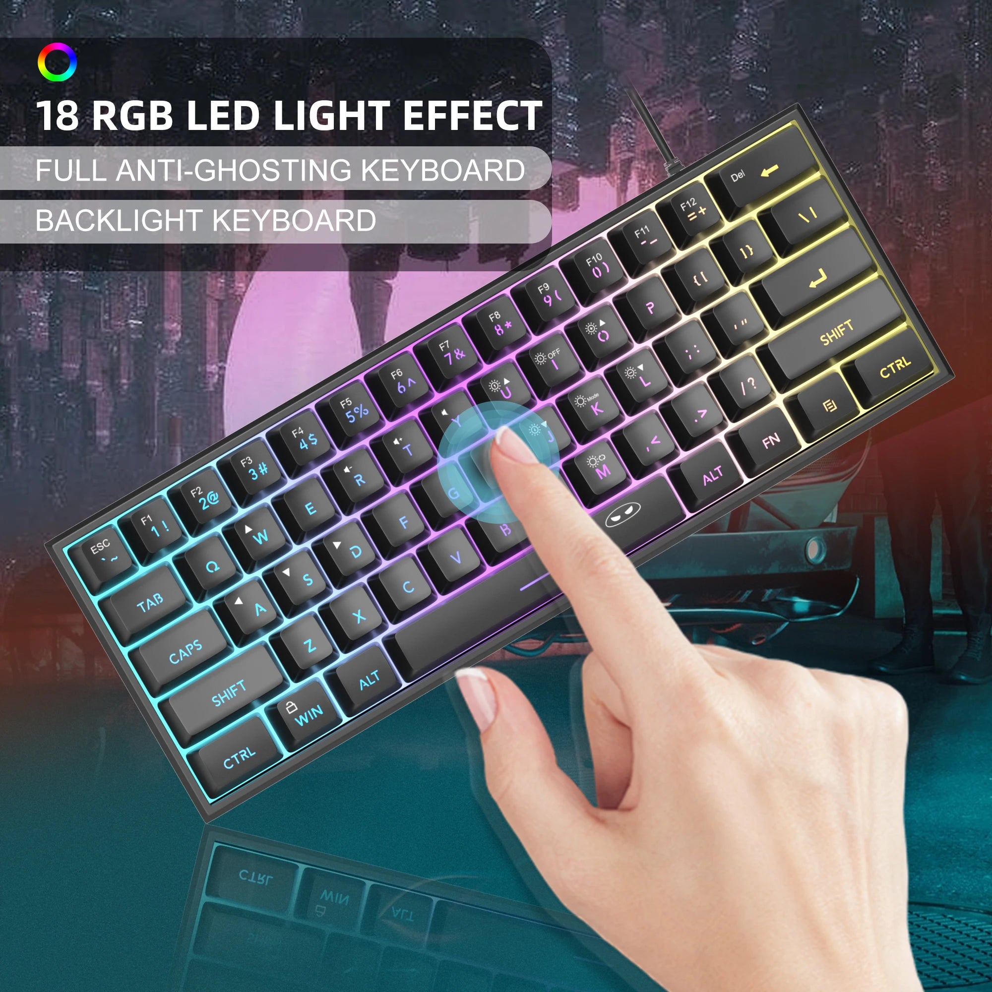 Teclado para jogos MageGee Mini 60%, teclado ultracompacto retroiluminado RGB de 61 teclas, escritório de sensação mecânica ergonômica à prova d'água TS91