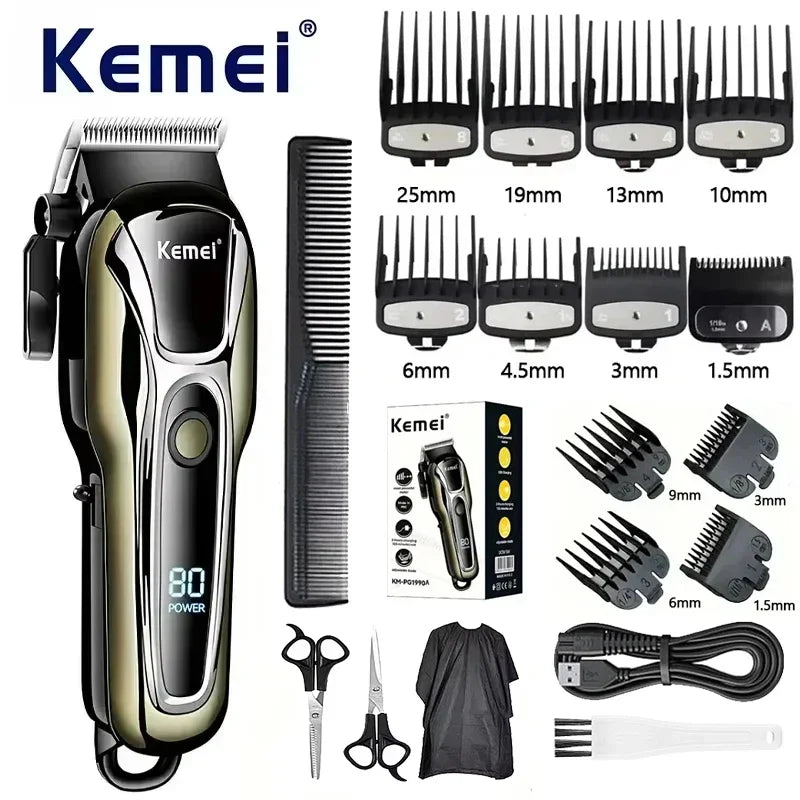 Kemei pg1990a máquina de cortar cabelo recarregável ou pentes limite profissional sem fio aparador de cabelo masculino máquina de corte de cabelo barbeiro